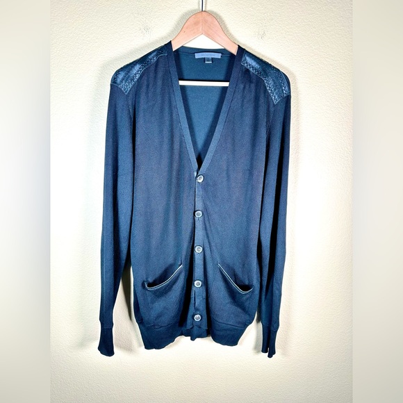 John Varvatos Men's Black Silk V-Neck Knit Cardigan with Leather Trim - Picture 4 of 10